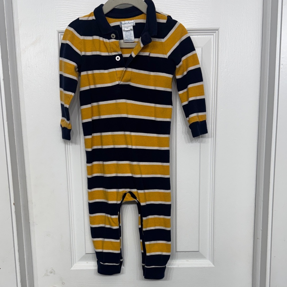 Polo by Ralph Lauren Striped Navy and Mustard Kids One-Piece Romper